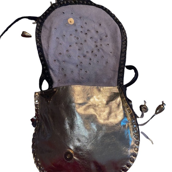 R Tash Of Miami Leather Crossbody Bag Metallic Gold And Black Tassels Metal Stud - Picture 7 of 9